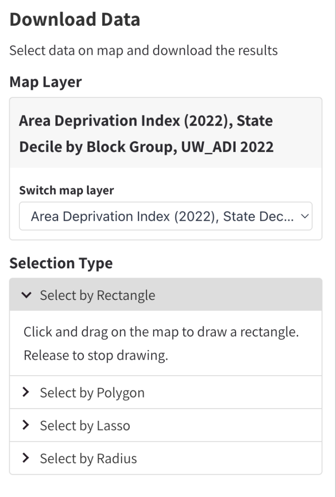 Download data selection window in map room